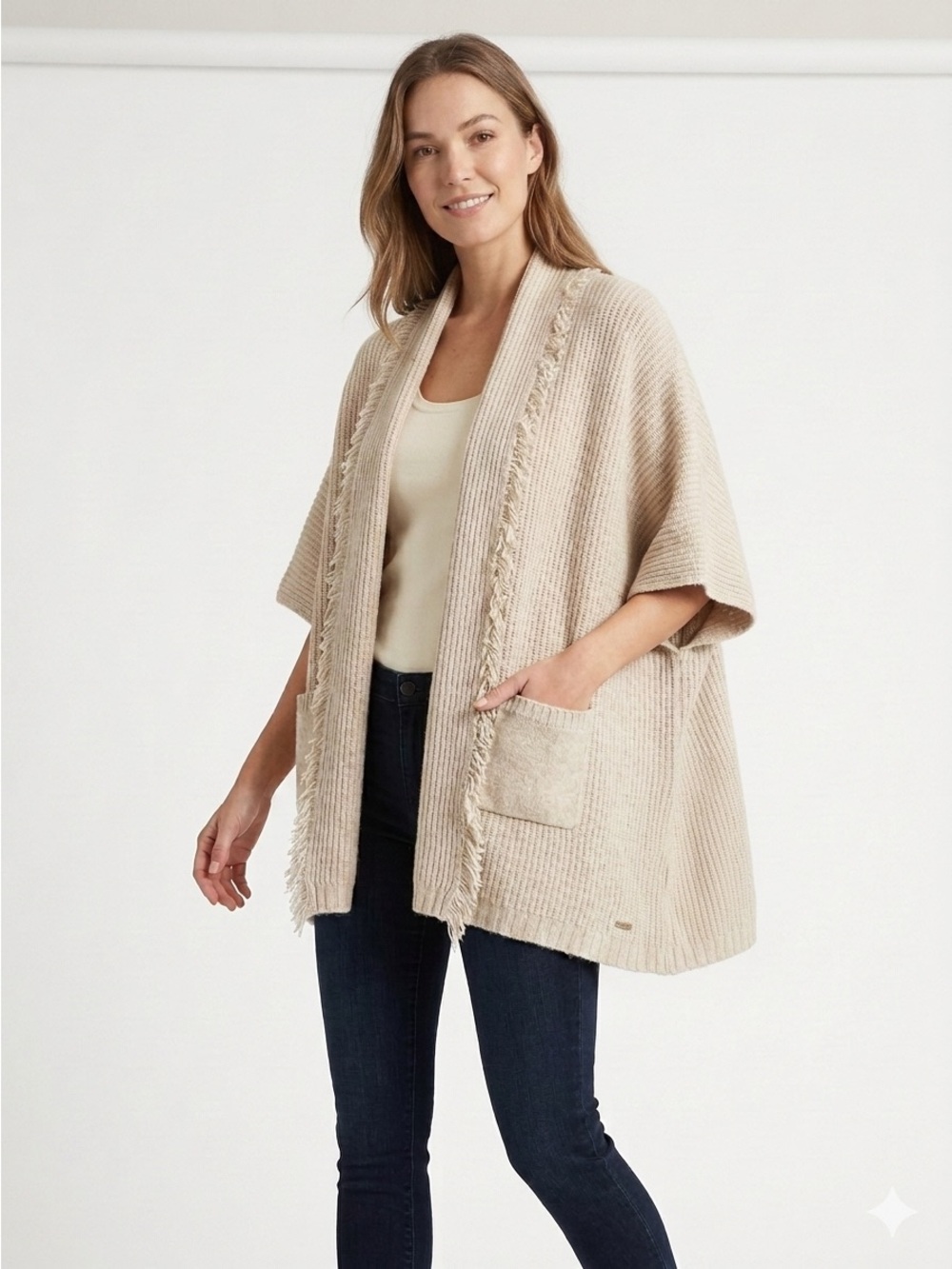 Lauren Ralph Lauren Beige Fringe Knit Poncho Cardigan Open Front - 560